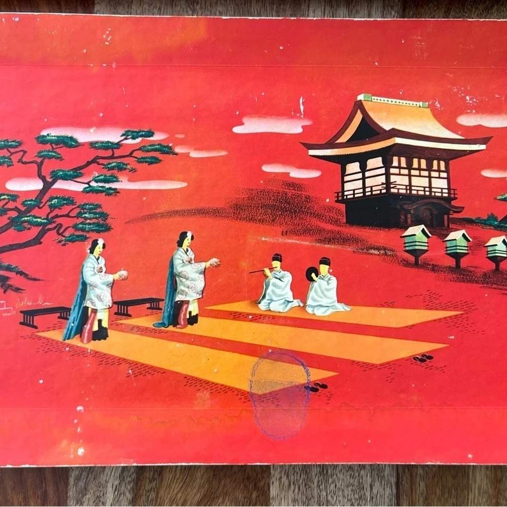 Vintage Hasko wood veneer lap trays red Asian scene MCM 50s set of 3